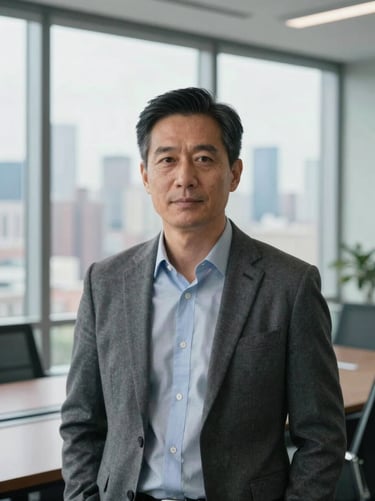 Environmental portrait of a man in his early 50s in a boardroom with floor-to-ceiling windows behind him, city skyline softly out of focus, daylight illuminating his face, direct steady gaze, business casual