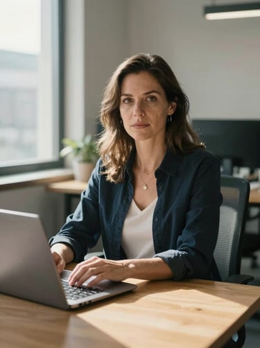 Close environmental portrait of a woman in her early 40s seated at a wooden desk in a bright open-plan office, direct gaze at camera, natural window light casting soft shadows, laptop closed beside her, casual professional attire