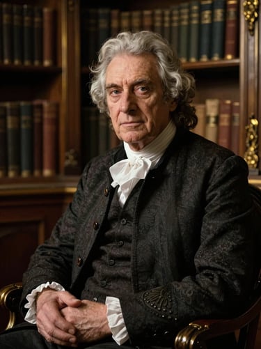 Portrait of an older artist or historian in deep focus, sitting in a shadowed study, antique gold lighting.
