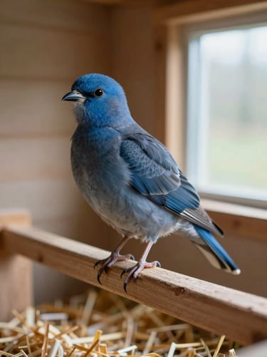 Silvrudds Blå hen in three-quarter stance on a wooden perch inside a coop, blue-laced grey plumage with subtle sheen, soft diffused window light from the right, clean straw bedding below