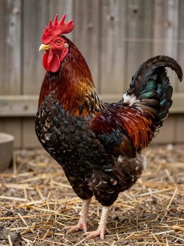 Large Brahma rooster in three-quarter stance in a coop run, feathered feet visible, dense buff-and-black patterned plumage, natural daylight from the left, straw ground underfoot, timber fence in the background