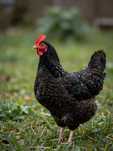 Maran hen in profile on a grassy paddock, dark cuckoo-patterned feathers catching diffuse north-facing daylight, head held high, green foliage blurred in the background