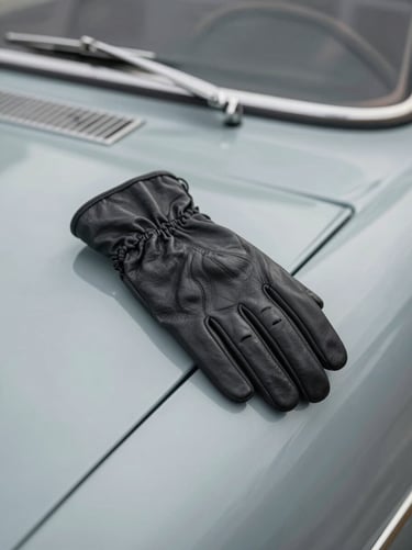 A classic leather driving glove resting gracefully on the polished, curved hood of a vintage automobile. Sophisticated and timeless aesthetic. Incorporates #1C2833 and #5D6D7E tones.