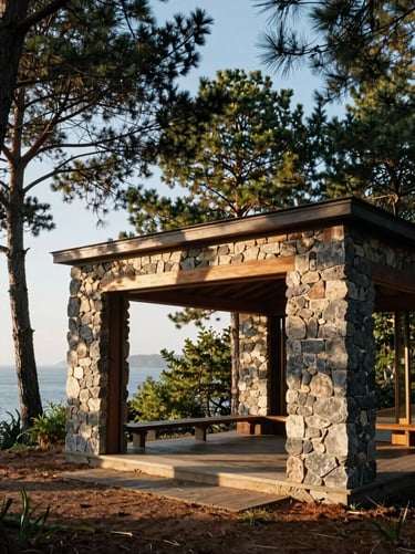 Architectural photograph of a modern timber and stone pavilion nestled in a coastal pine forest, sharp morning shadows.
