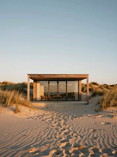 Straight-on elevation of a minimalist wood and glass pavilion nestled in coastal sand dunes at golden hour.