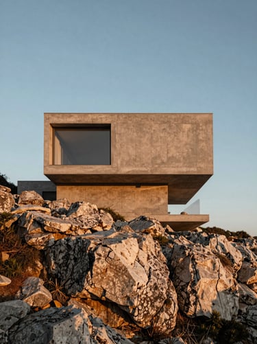 Straight-on architectural elevation of a minimalist concrete villa on a rocky coastal cliff, low-angle golden hour light.