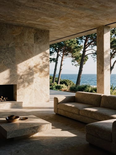 Interior of a travertine stone living room with dramatic shadows, looking out toward a coastal pine forest.