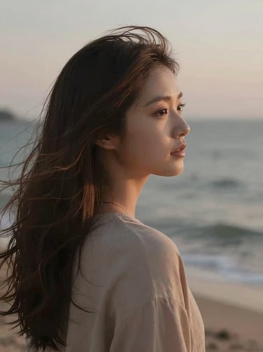 Emotional portrait of a young woman looking out at the ocean, hair blowing in the wind, soft lighting, intimate and story-driven, capturing real emotion, warm earthy tones of #8F6E5F.