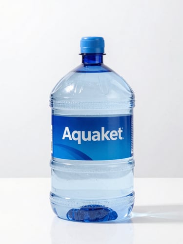 Bright high-key product photography of a large 20L plastic water bottle with a clean blue Aquaket label, standing upright on a reflective white surface, studio light.