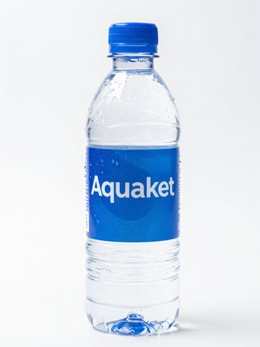 Bright high-key product photography of a sleek 1L plastic water bottle with a clean blue Aquaket label, water droplets on the surface, crisp white studio background.