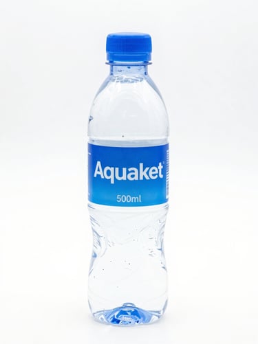 Bright high-key product photography of a compact 500ml plastic water bottle with a clean blue Aquaket label, fresh and crisp, white studio background.