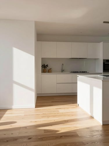 Sunlit modern apartment interior, oak flooring, clean minimalist kitchen, architectural lines, warm daylight