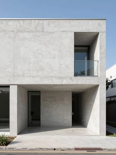 Minimalist concrete house exterior, straight-on architectural shot, sharp shadows, 35mm lens, bright daylight