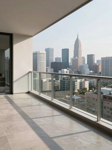 High-end condominium balcony overlooking city skyline, modern steel and glass railings, sunset light, sharp shadows
