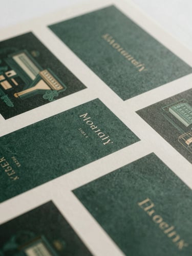 Moody editorial photography of tactile print collateral for a luxury hotel, soft overcast London daylight, deep forest green and warm cream tones, 35mm film, close-up crop