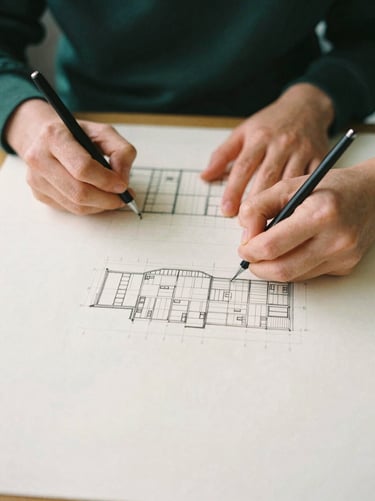 Moody editorial photography of hands sketching architectural layouts on high-end heavy paper, soft overcast London daylight, warm cream tones, 35mm film, close-up crop