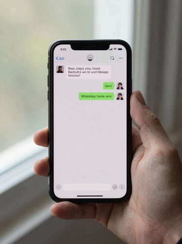 Close-up overhead shot of a hand holding a smartphone displaying a WhatsApp chat thread, natural daylight from a window, screen clearly legible, minimal background