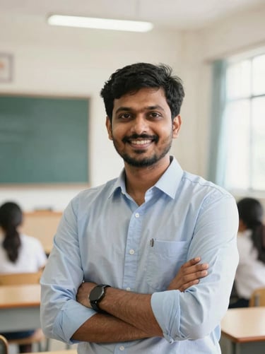 Professional portrait of Nagesh Sir, physics and mathematics faculty, smiling confidently in a bright modern classroom, clean academic photography