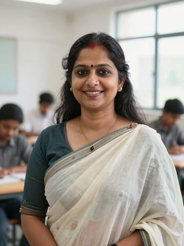 Professional portrait of Archana Ma'am, academic counsellor and student support, warm and encouraging expression, bright natural office setting