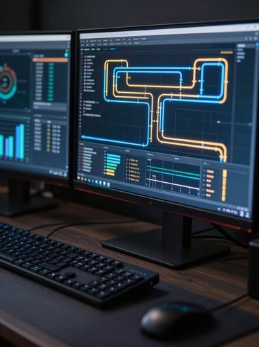 Macro shot of a high-end dark desk setup, multiple monitors displaying real-time analytics and glowing data pipelines in neon blue and gold.