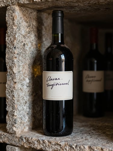 Close-up of a dark wine bottle with visible age sediment and handwritten label, resting on a stone cellar shelf under cool northern light