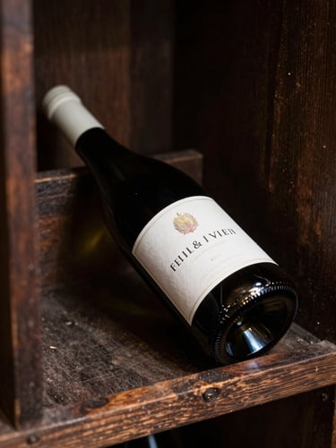 Wine bottle lying on its side in a dark wooden rack, cellar depth visible behind it, single beam of northern window light across the label