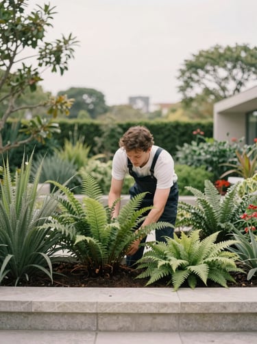 A professional horticulturalist placing native ferns and shrubs in a lush modern garden bed, soft overcast light