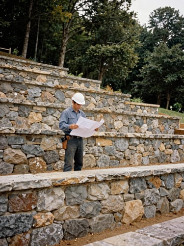 A landscape engineer reviewing blueprints next to a newly constructed stone retaining wall, precise details