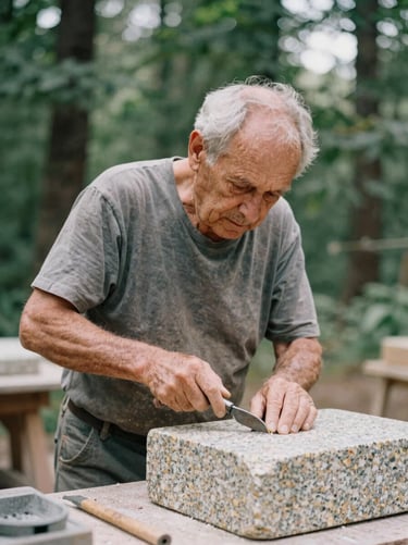 Portrait of a senior stonemason dressing a block of granite with hand tools, soft workshop lighting, authentic craftsmanship