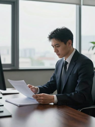 Candid, non-posed shot of a partner in sharp tailoring reviewing documents in a stark, high-contrast boardroom, overcast daylight.