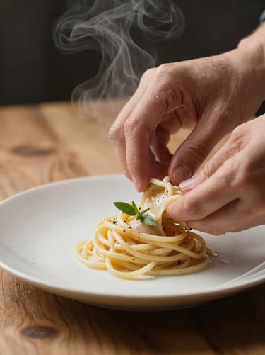 Tactile macro shot of hands plating a delicate pasta dish, steam rising, warm Scandinavian wood background.