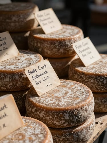 Tactile close-up of a rustic market display, artisanal cheese wheels, hand-written parchment labels, moody shadows.