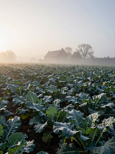 Atmospheric, wide environmental shot of a misty heritage farm at sunrise, dew on brassicas, soft directional light.