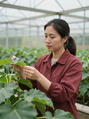 Honest portrait of a local female agricultural specialist inspecting green leaves in a greenhouse, soft overcast daylight, 35mm
