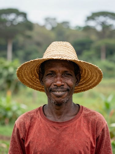 Honest portrait of a local Madagascan agricultural worker smiling gently, wearing a wide-brimmed straw hat, soft overcast daylight, shallow depth of field, 35mm