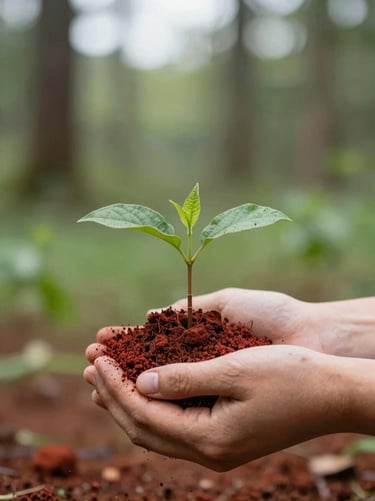 Close-up of hands handling rich red soil and planting a native seedling, soft overcast daylight, shallow depth of field, 35mm