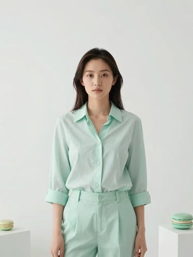 Minimalist portrait of a business consultant in a bright airy studio, soft mint green details