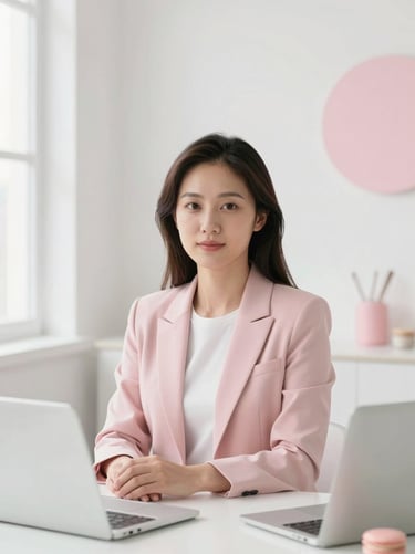 Minimalist portrait of a female advisor in a bright daylight-filled workspace, soft blush pink accents