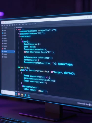 Close-up of a high-end developer workspace showing a glassmorphic terminal interface with glowing neon blue code lines, dark-room ambient lighting, octane render