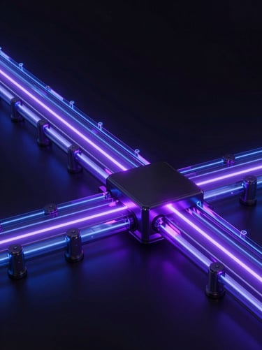 Abstract 3D render of a secure glowing data pipeline with laser lines, high-contrast dark ambient lighting, neon violet accents, octane render