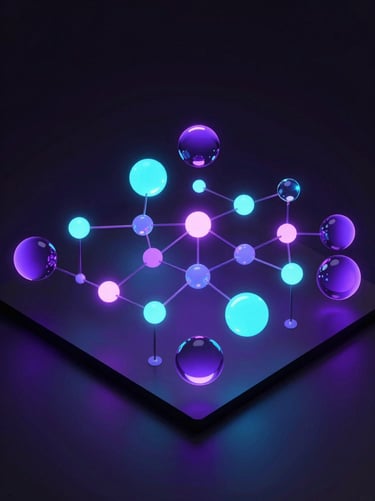 Isometric 3D render of glowing network nodes and abstract glassmorphic spheres, high-contrast dark-room ambient lighting, violet and cyan screen glows