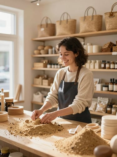 A local business owner smiling in her brightly lit shop, hands-on interaction, warm sand and organic tones, natural light