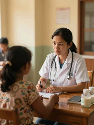 A healthcare worker consulting with a mother and child in a warm, naturally lit community clinic, authentic documentary style