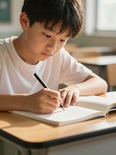A close-up of a young student writing in a notebook in a bright classroom, soft natural light, shallow depth of field, warm editorial style