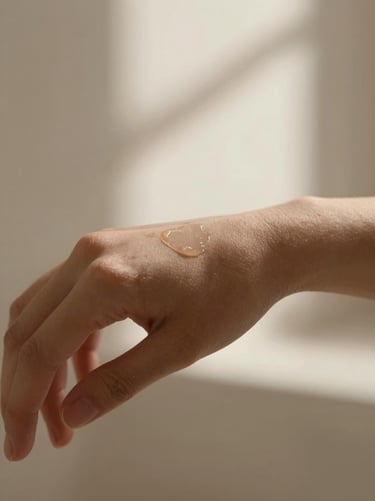 Intimate cropped shot of a wrist with perfume liquid glistening slightly on skin, soft diffused studio light, warm neutral tones.