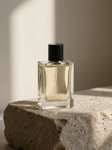 Sleek glass perfume bottle resting on a raw textured stone block, warm directional light casting soft shadows, minimalist background.