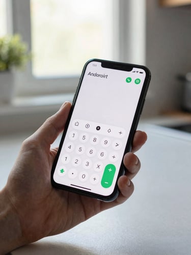 Android utility app showing a clean conversion or calculator screen in active use, hand holding phone on a kitchen counter, bright natural light from a window
