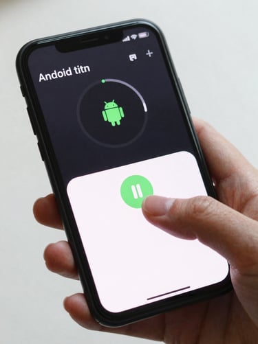 Android timer and interval app interface shown close-up mid-session, finger hovering over pause button, clean bright background, phone held naturally