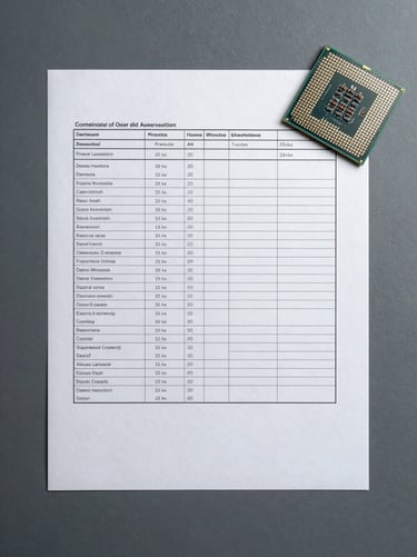 Overhead flat-lay of a printed component datasheet beside a CPU on a matte dark grey surface, north-facing studio light, sharp focus on the spec table rows, no branding visible, clean and precise