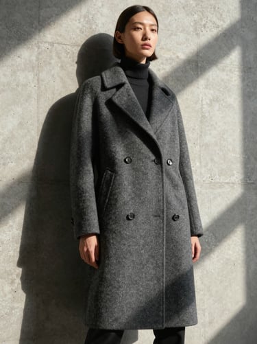 Cinematic low-angle shot of a model in a high-fashion charcoal coat standing against a raw concrete wall, harsh sunlight casting long geometric shadows